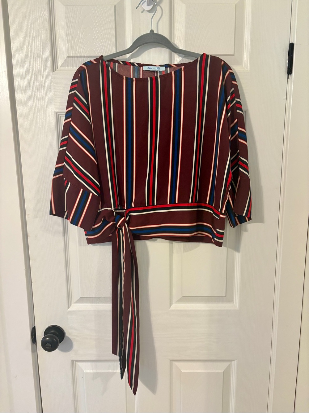 She and Sky Burgundy Striped Tie-Waist Blouse
